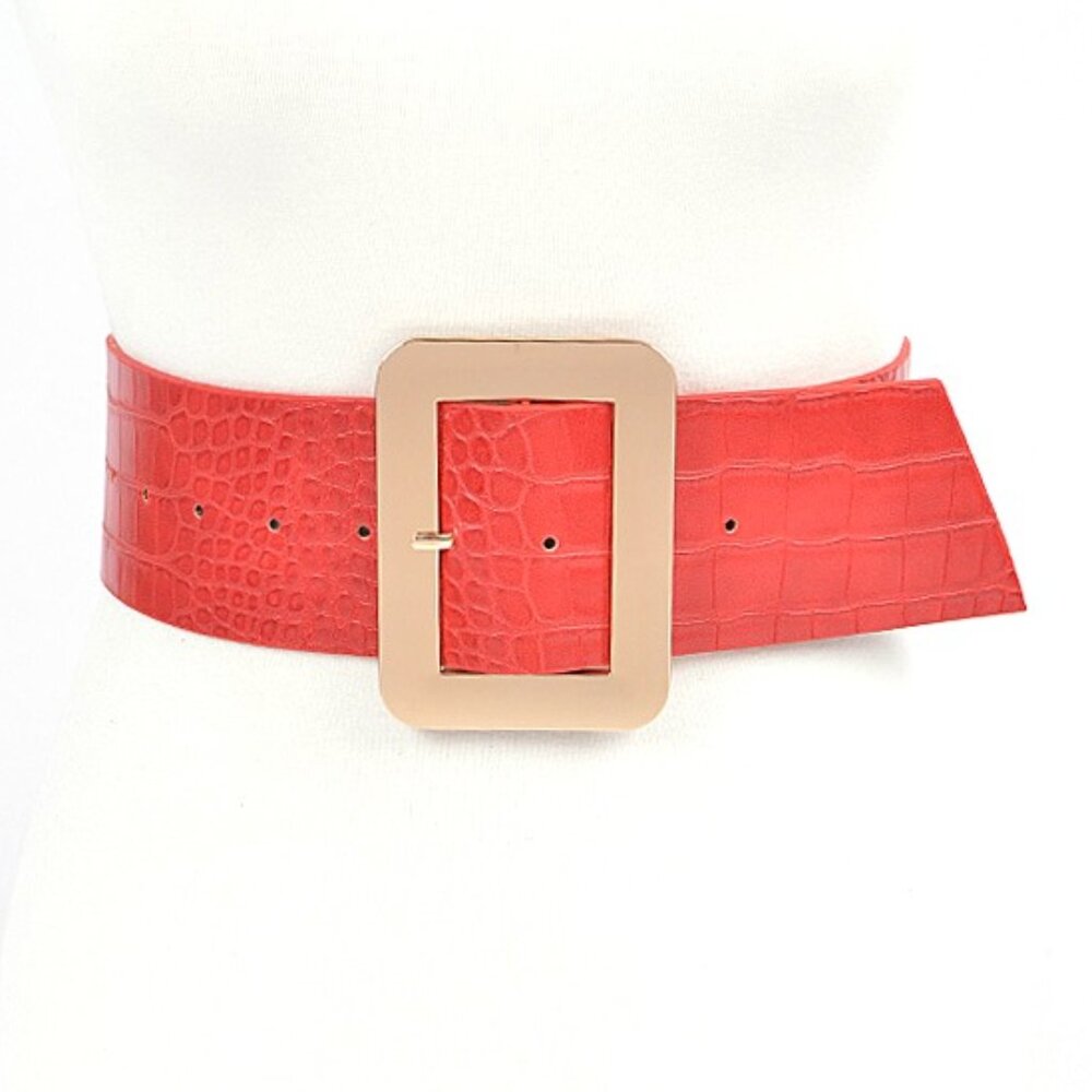 BNWT Croc Embossed Faux Leather Oversize Gold Buckle Wide Belt Fashion B…